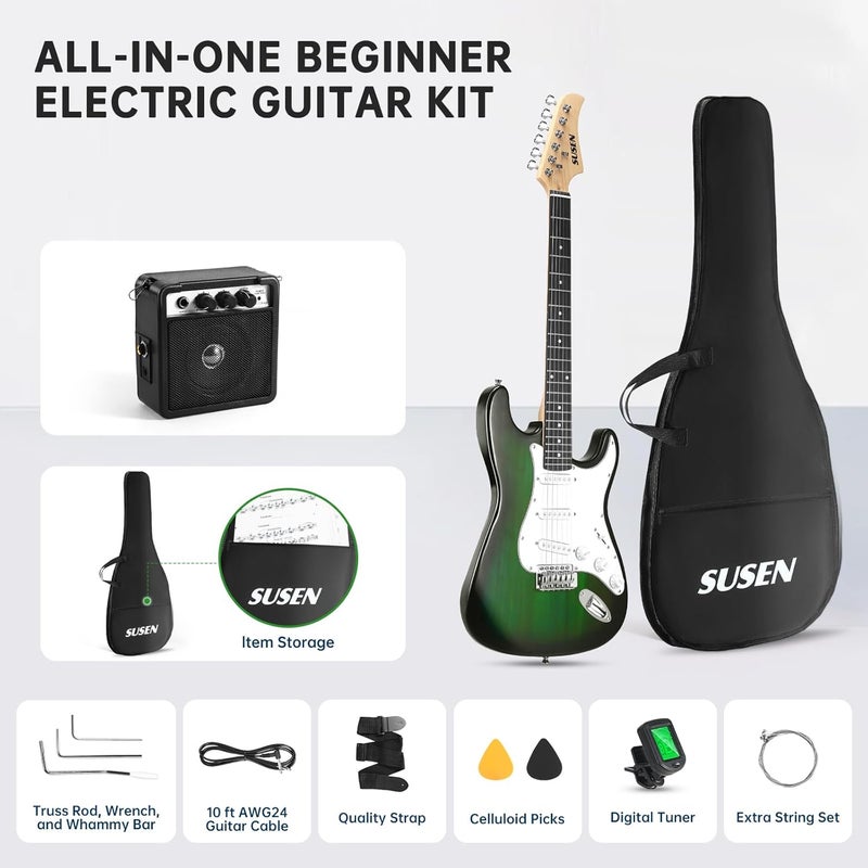 SUSEN Electric Guitar, 39 Inch Solid Full-size Electric Guitar S-S-S Pickups Starter Kit Includes Amplifier, Bag, Digital Tuner, Strap, String, Cable, Picks，Mini AMP（Green (Green) - Image 2